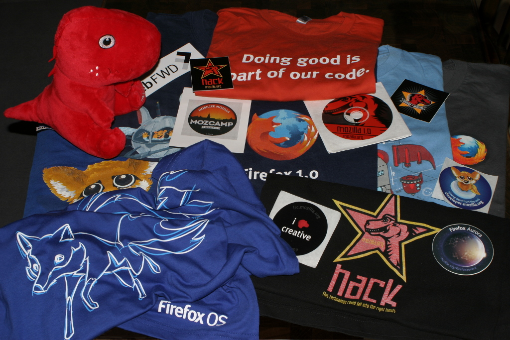 Various Mozilla gear (T-shirts, stickers, etc.)